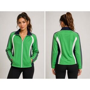 Vintage Track Jacket Womens S Green Colorblock Zip Y2K Athletic Retro